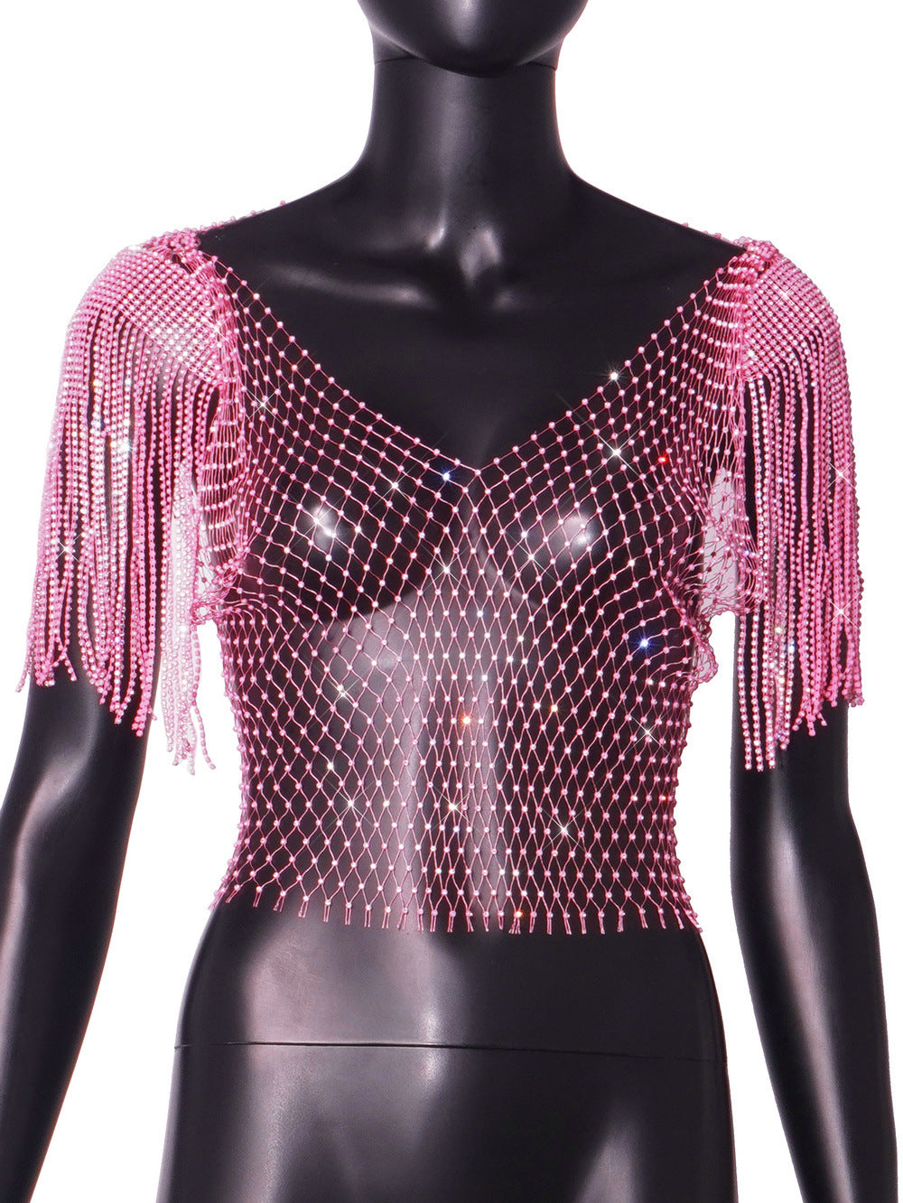 Fringed fishnet cutout crop top