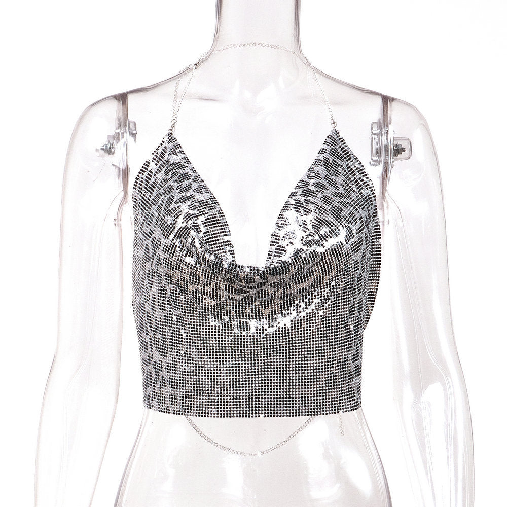 Sexy metal sequin backless halter neck strap