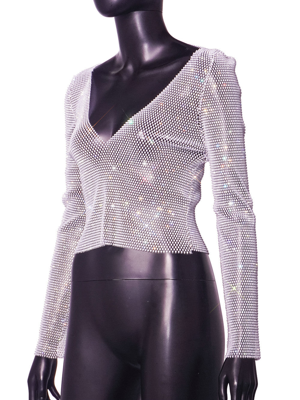 Rhinestone fishnet nightclub sexy backless long sleeve top