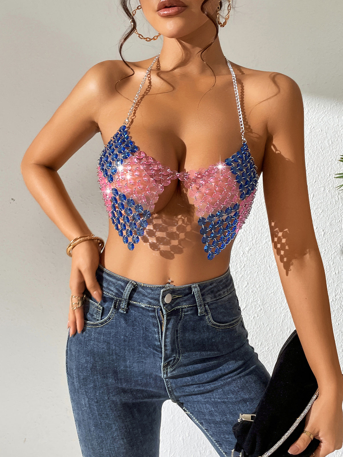 Bra with jeweled stitching sexy backless vest for nightclub