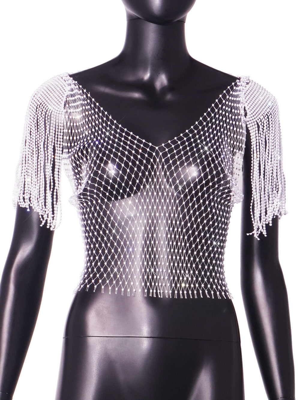 Fringed fishnet cutout crop top