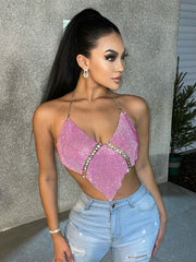 Sexy nightclub metal bright diamond chain halter neck vest