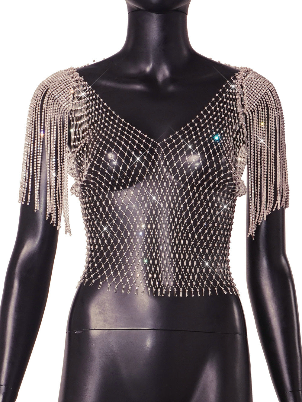 Fringed fishnet cutout crop top