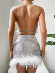 Sexy metallic nightclub backless furry skirt